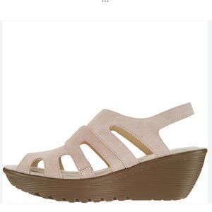 Skechers Stylin Suede Leather Peep Toe Slingback Wedges 8.5
